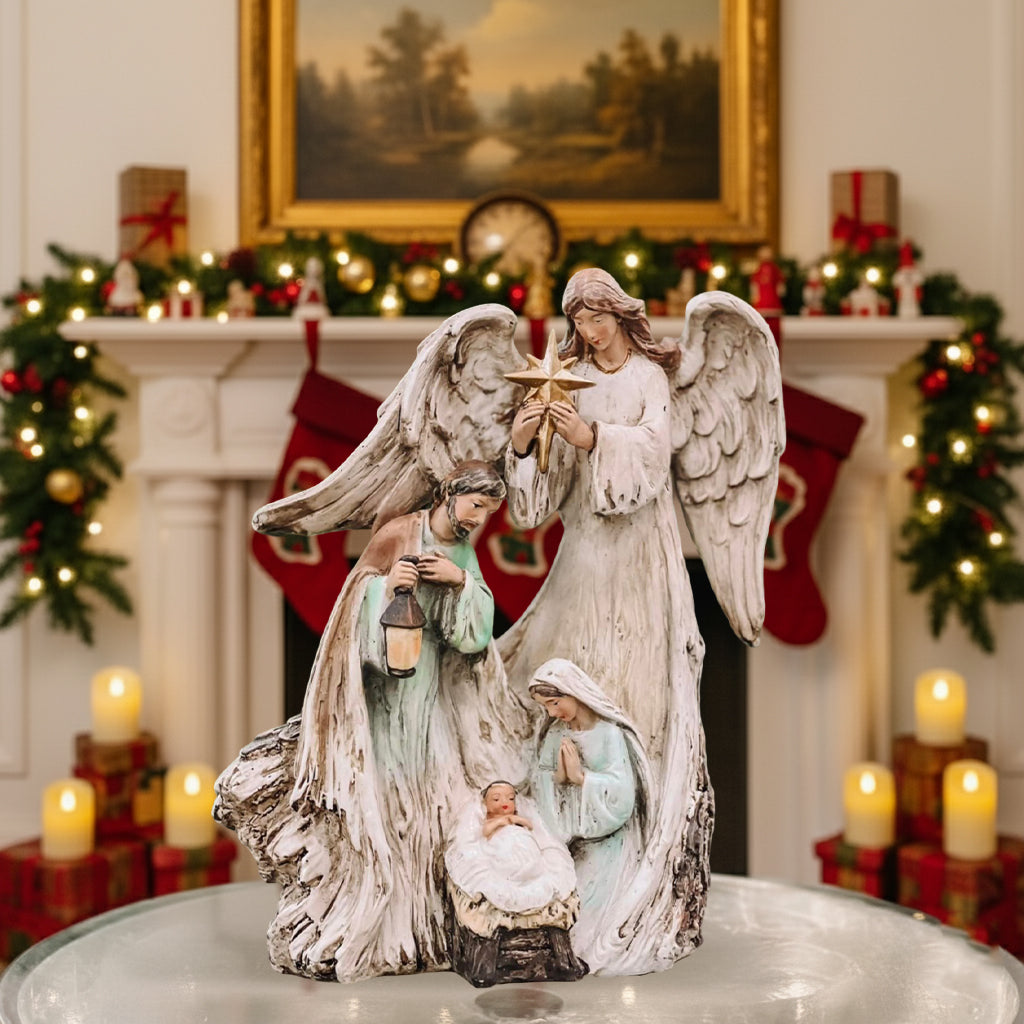 Holy Family Nativity Scene with Angel and Star, Christmas Religious Figurine, Mary Joseph Baby Jesus Decor, Spiritual Gift, Holiday Display